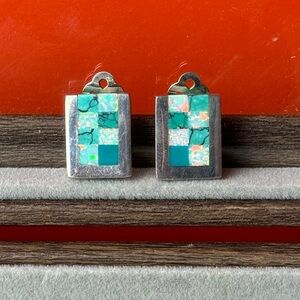 Estate sale jewelry silver metal with checkered stone tile design turquoise